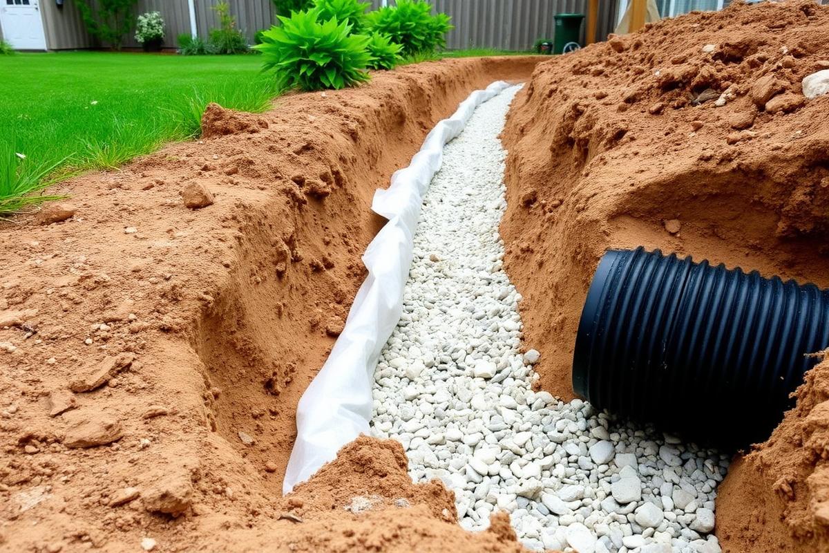 Open trench with landscape fabric, gravel, and perforated pipe for a French drain