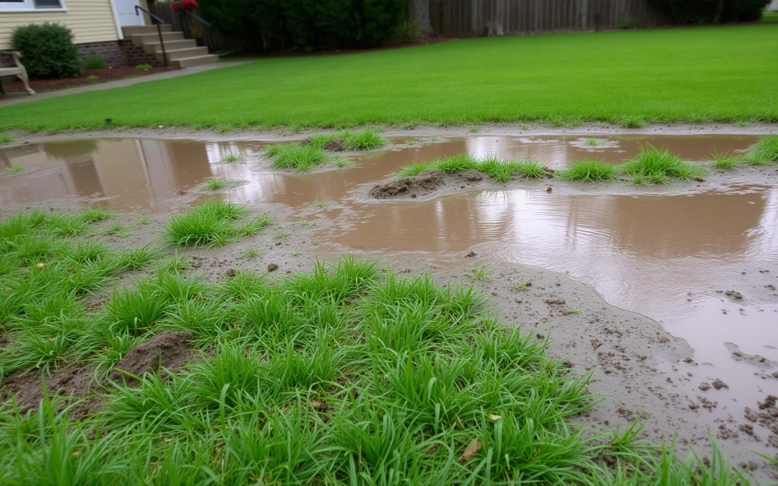 Standing water in a residential backyard next to a home