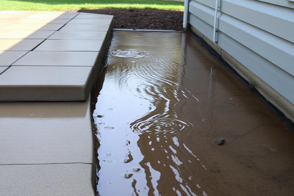 Water pooling next to a residential patio and house
