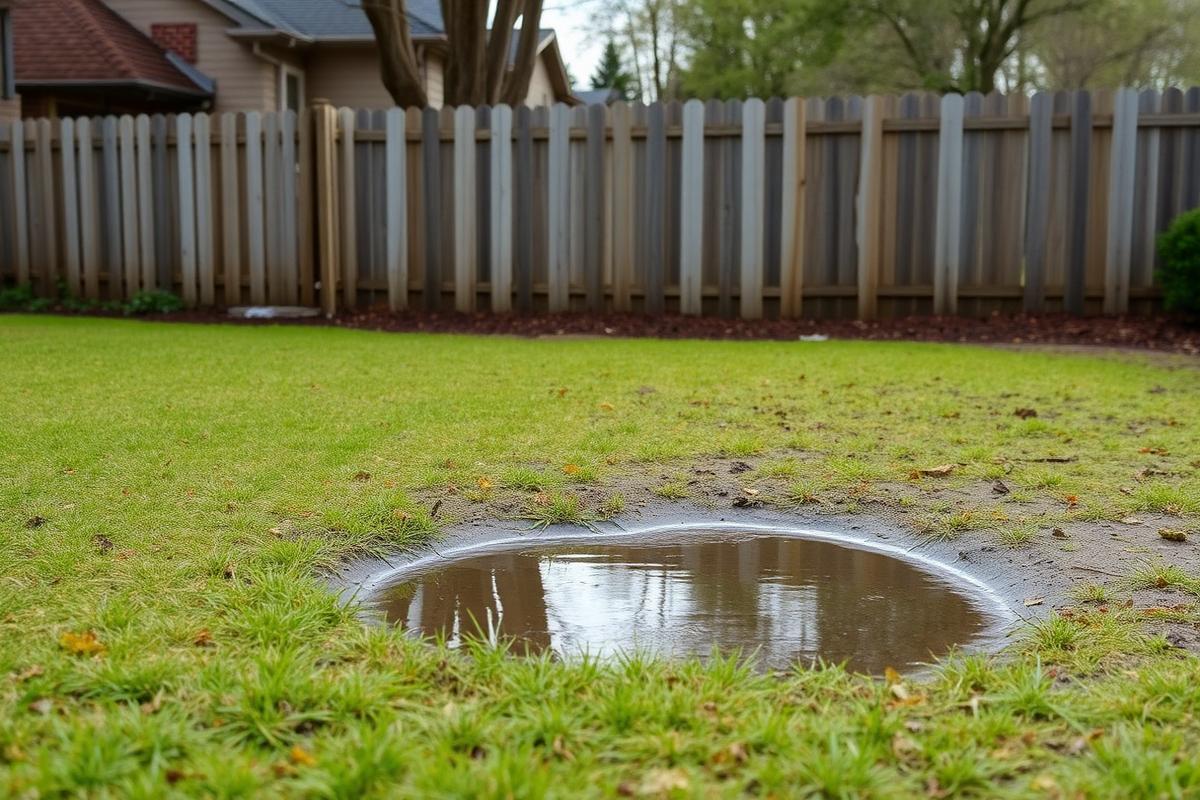 Standing water in a soggy residential backyard lawn